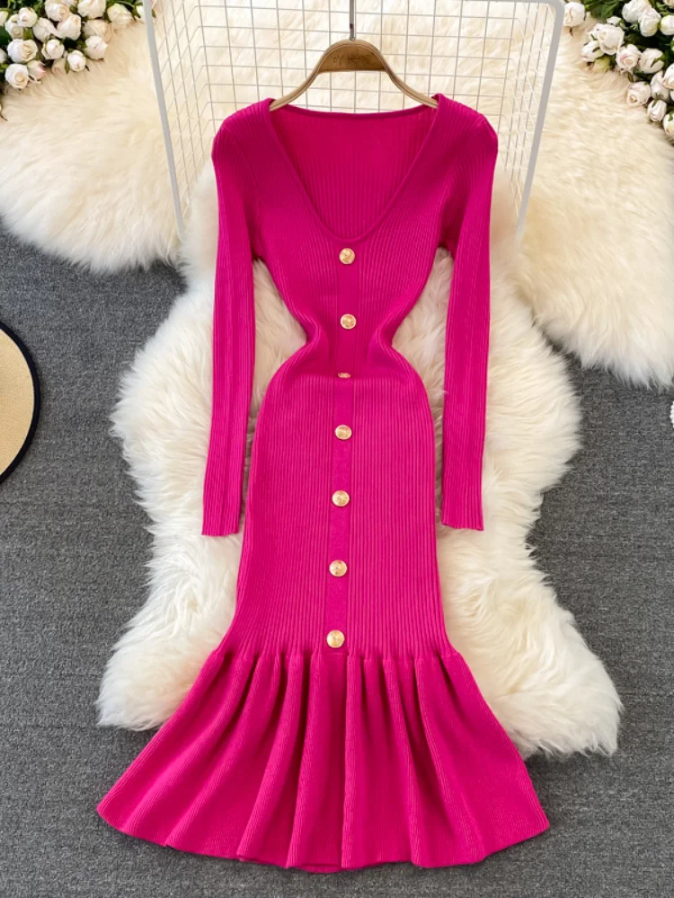 

Женское однотонное трикотажное платье-русалка, однобортное винтажное трикотажное платье с оборками и V-образным вырезом, Осень-зима 2023