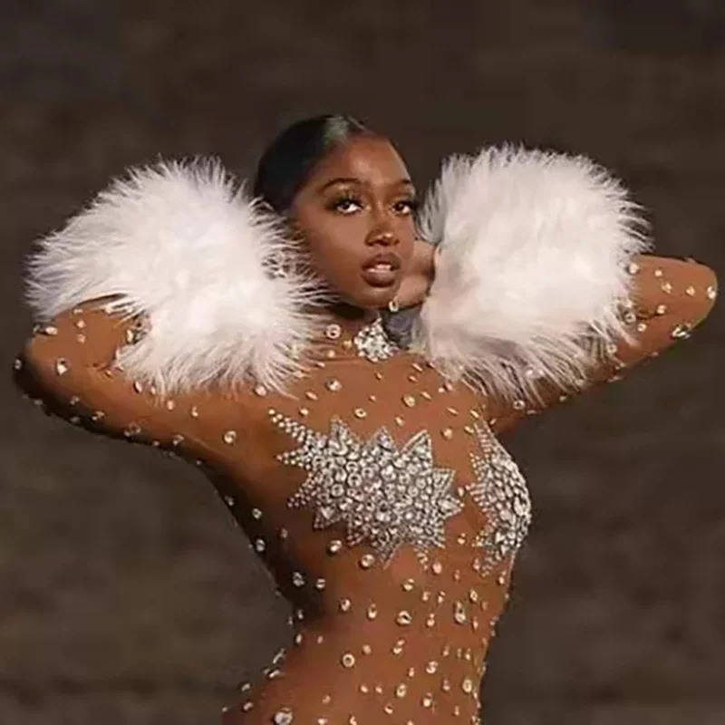 Прозрачный комбинезон с перьями Клубная одежда для фитнеса великолепное платье