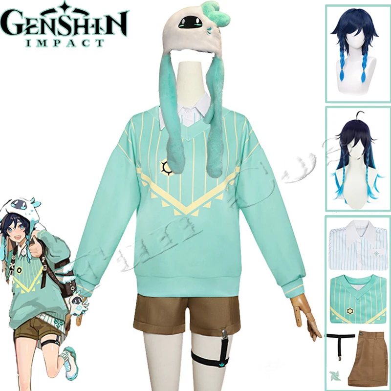 

Game Genshin Impact Barbatos Cosplay Costume Venti Wig Hoodie Hat School JK Shirt Shorts Belt Fanart Design Suit Cap Set Uniform