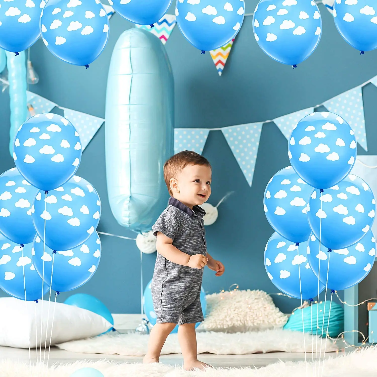 

100 Pieces Blue Cloud Latex Balloons Mid Blue with Clouds Matte Balloons for Boys Girls Birthday Party Baby Shower Decoration