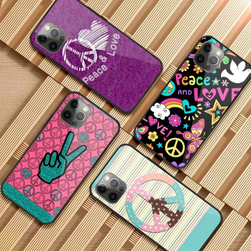 Peace and Love Phone Case for iPhone 14 13 12 11 XS X 8 7 6 Plus Mini Pro Max SE 2022 PC Glass Phone Cover Funda