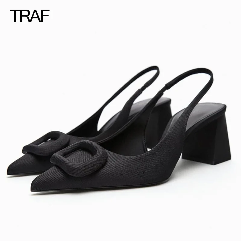 

TRAF Women High heels Office Slingback Heeled Heels Summer 2023 Woman Pumps Wedding Modern Black Chunky Heels Pointe Shoes