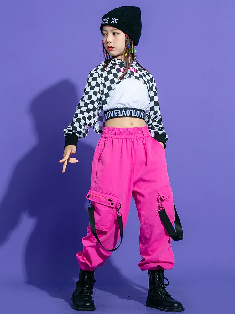 2021 New Jazz Dance Costumes Plaid Crop Tops Pink Hiphop Pants Street Outfits Ballroom Hip Hop Rave Clothes 110-180 |