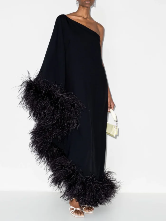 Elegant Long Black Evening Dresses With Feathers  فساتين السهرة Sheath Floor Length Prom Dress Robe de soirée for Women