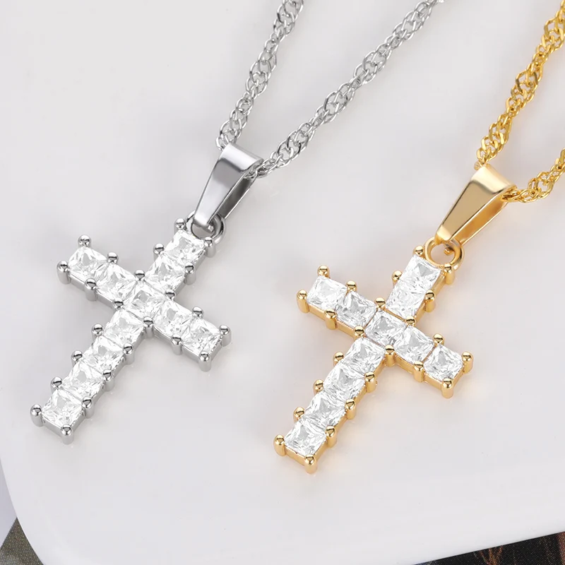 

2022 Fashion Women Luxury Crystals Jesus Cross Pendant Necklace Party Clavicle Choker Chain Mother's Day Jewelry Christian Gifts