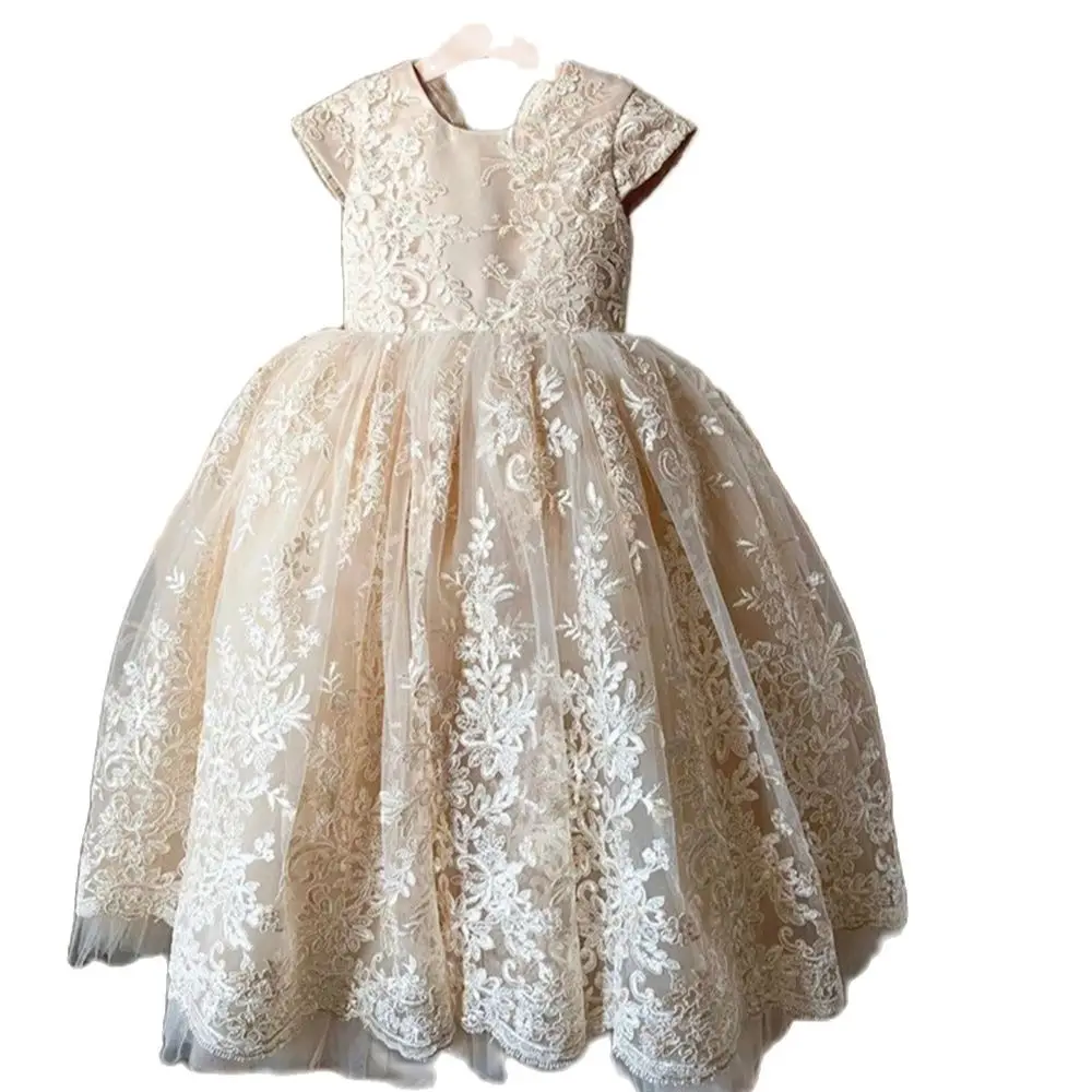 

Кружевное винтажное платье цвета шампанского с рукавами-фонариками для причастия и конкурса, платья на день рождения для девочек