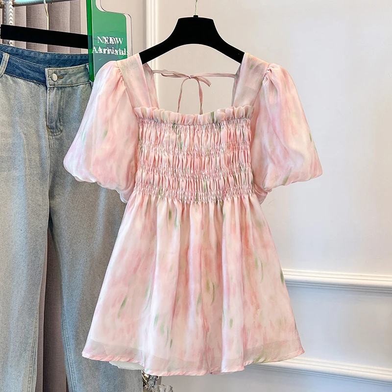 Женская рубашка с коротким рукавом и квадратным вырезом цветочным принтом |