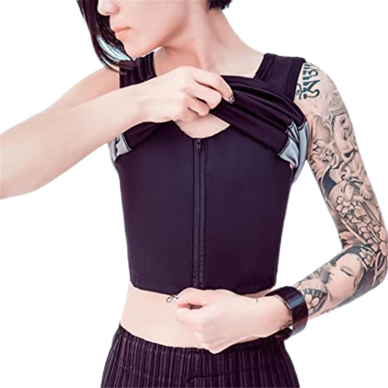 HaleyChan Women Trans Lesbian Tomboy Zip Up Chest Binder Quick-Drying Swimwear Swimsuit Corset Vest Tank Top+Swimming Pants Tops