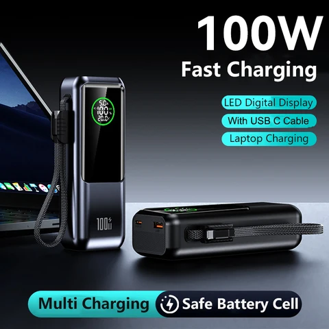 Power Bank 20000 мАч с кабелем PD100W Портативное зарядное устройство для быстрой зарядки Powerbank для ноутбука iPhone Samsung Xiaomi Внешняя батарея