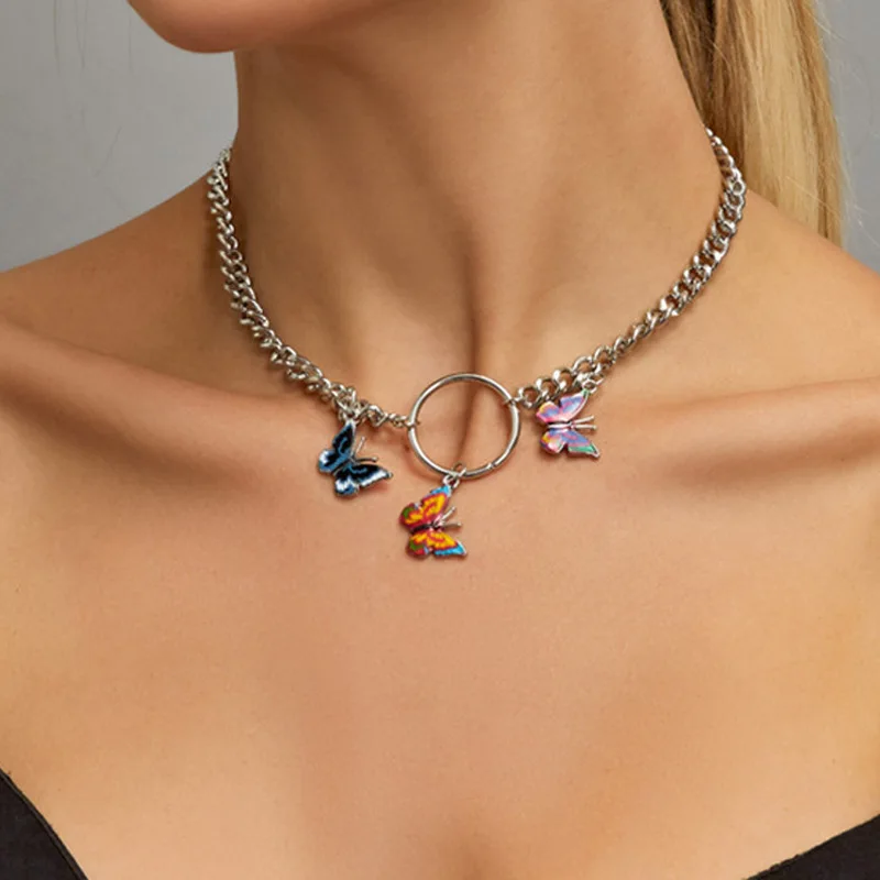 

MODOMA 2023 New Fashion Colorful Butterfly Necklace For Women Luxury Silver Color Chains Minimalist Aesthetic y2k Choker Jewelry