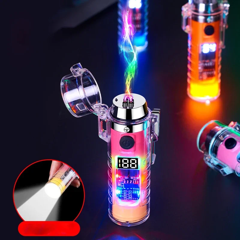 

Windproof Plasma USB Pulse Flameless Double Arc Lighter Waterproof with Flash Cylindrical LED Display Power Supply Men's Tool