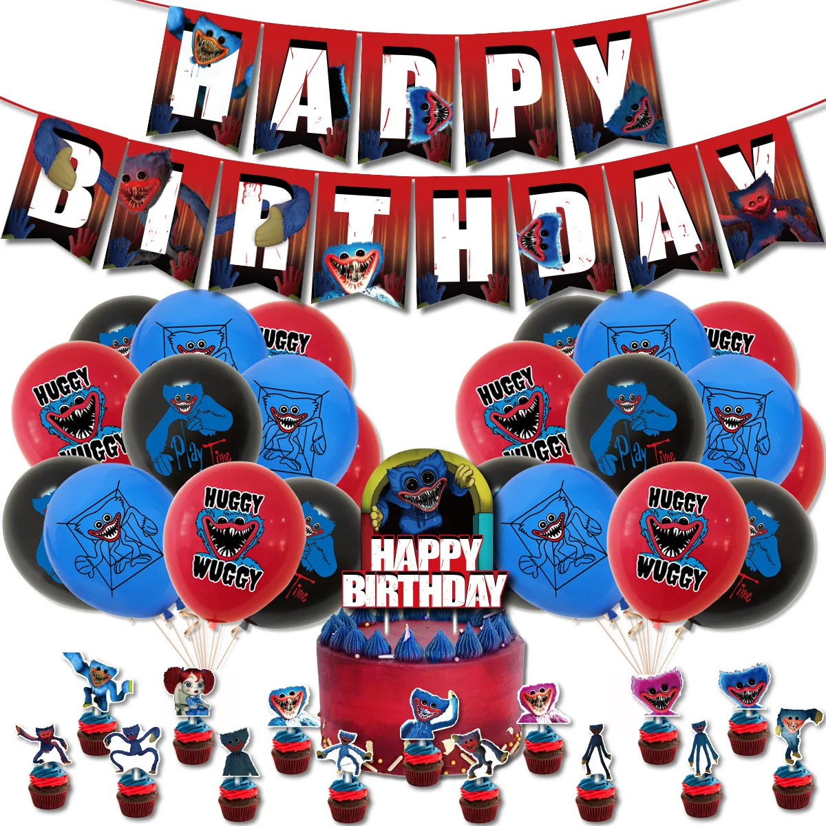 

Poppy Play Time Theme Birthday Party Decor Huggywuggy Poppy Game Pull Flag Cake Topper Balloon Set Children's Birthday Supplies