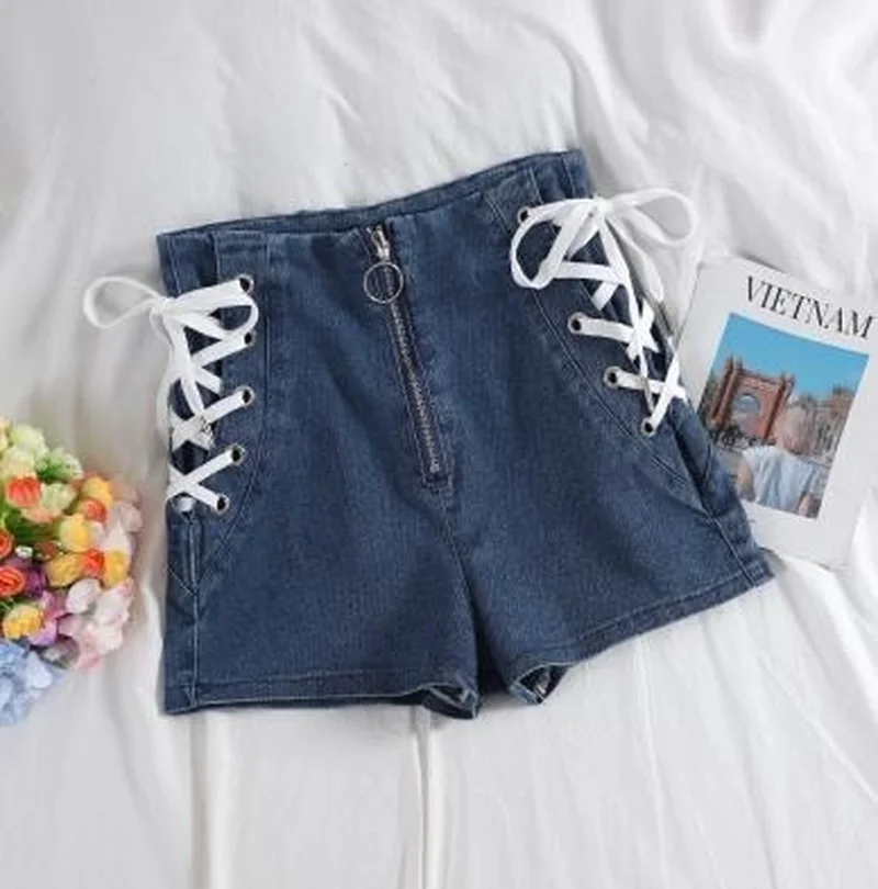Tie High Waist Denim Shorts Spring Summer Women Jeans Shorts Female Casual Black Shorts Student All Match Loose Hot Shorts Blue