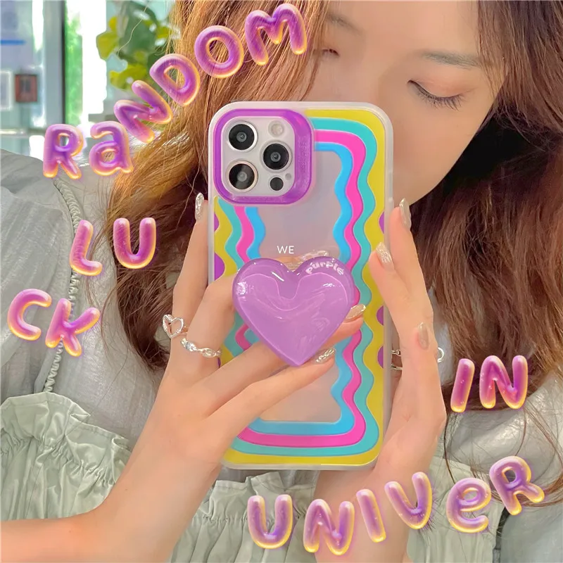 

Rainbow Candy Color 3D Love Holder Phone Case For Iphone 13 11 12 Pro Max XR X XS 7 8 Plus Cartoon Cute Soft Shining Laser Cover