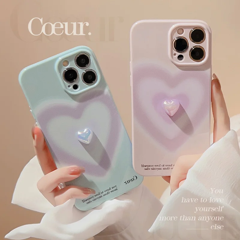 

Lovely 3D Blu Ray Violet Electroplating Heart Soft Silicone Phone Case for iPhone 14 13 12 11 Pro Max Shockproof Back Cover