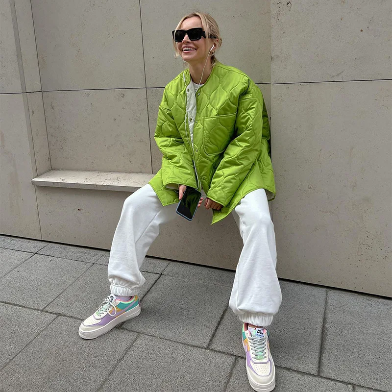 Casual Button-Up Quilted Winter Jacket Women 2022 Long Sleeve Top With Pockets Green Loose Streetwear Cotton Coats Outerwear