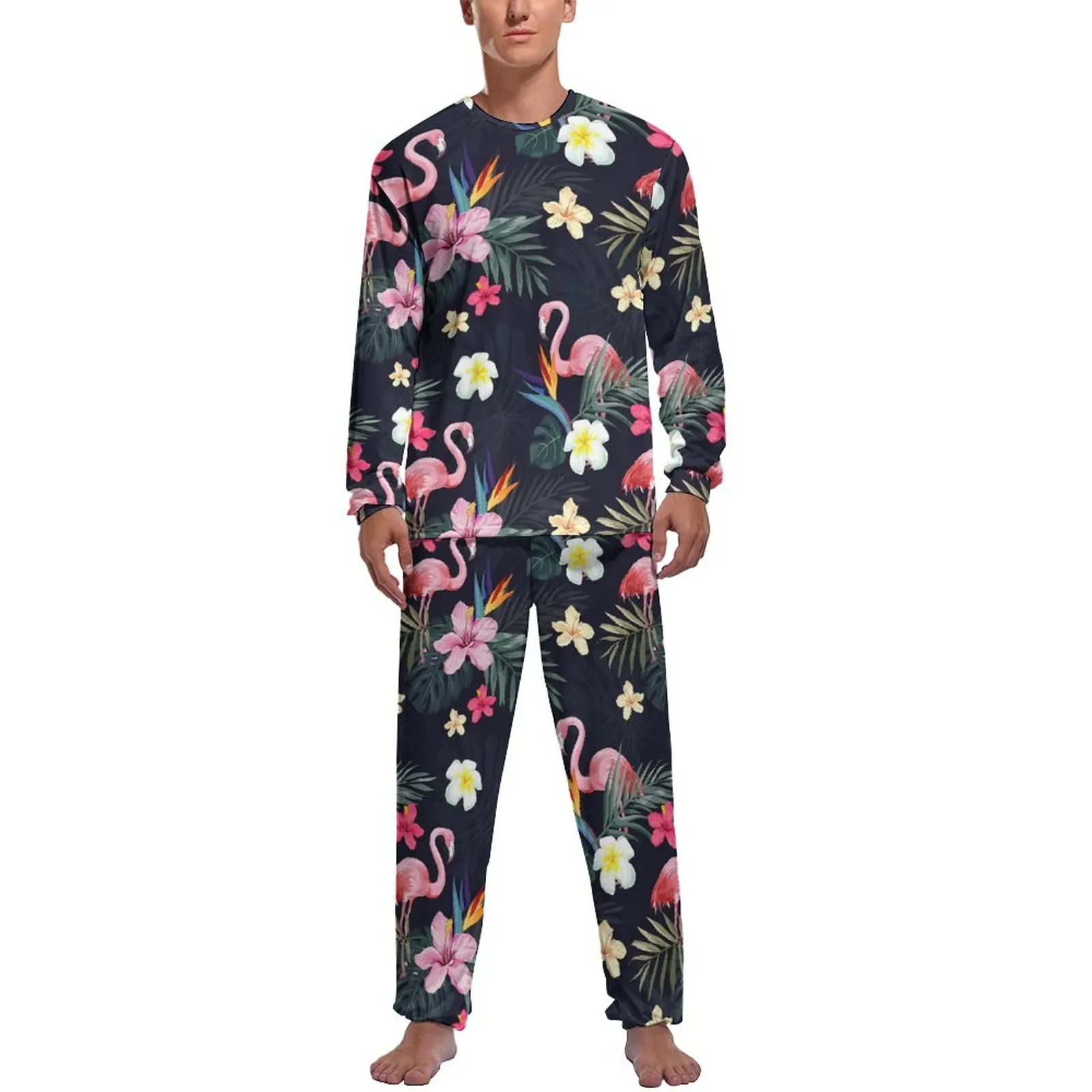 

Tropical Birds Pajamas Flamingo Print Mens Long Sleeve Retro Pajama Sets 2 Pieces Room Spring Graphic Sleepwear Gift