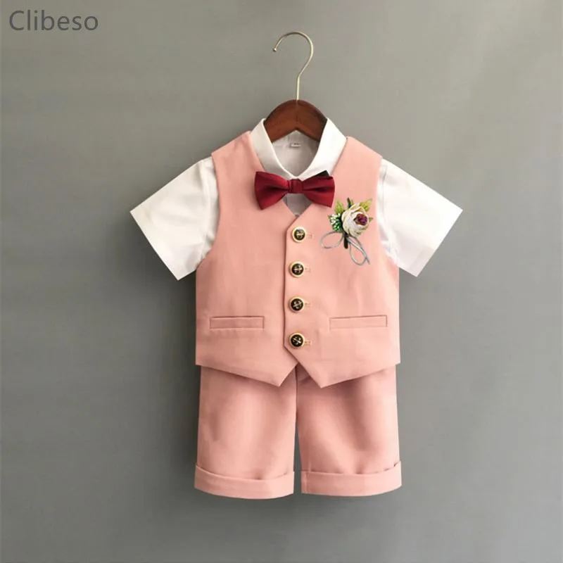 

Newborn Summer Waistcoat Baby Boy Gentleman 4Pcs Set Child Coat Shirt Shorts Cravat Outfit Flowerkid Wedding Feast Party Clothes