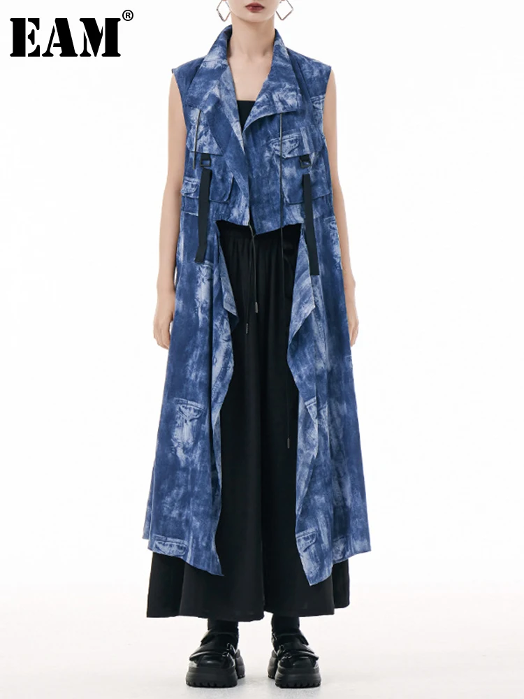 

[EAM] Women Loose Fit Bue Tie Dye Printed Big Size Long Vest New Lapel Sleeveless Fashion Tide Spring Autumn 2023 1DH0516