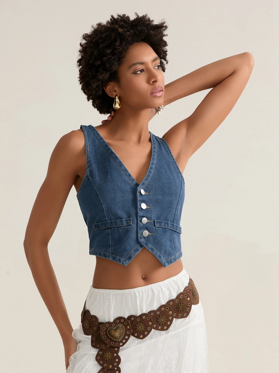 Женская джинсовая майка без рукавов на пуговицах