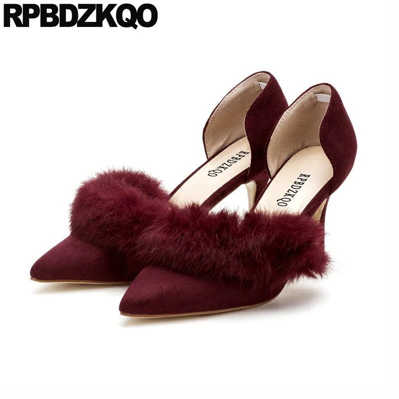 насосы милая 2018 обнаженный мех котенок сандалии Slingback Указательный палец средняя