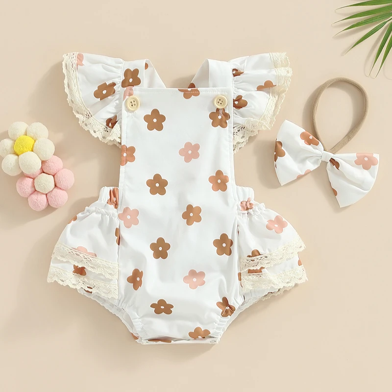 

Listenwind 0-2Y Baby Girls Romper Set, Flower Print Fly Sleeve Lace Patchwork Romper with Bowknot Hairband,Cute and Fashion