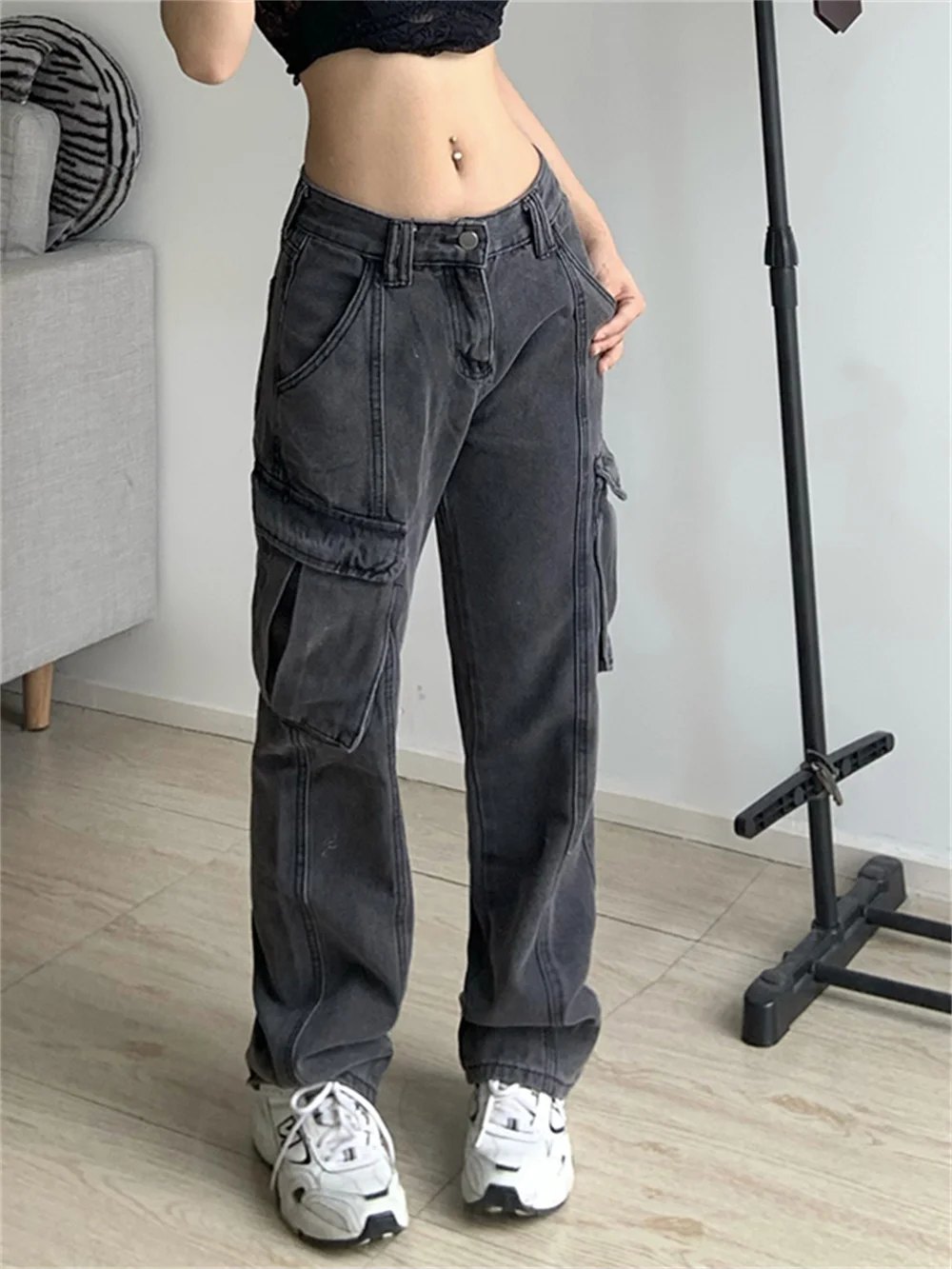 

Женские джинсы-карго Y2k с большими карманами, винтажные джинсы в стиле хиппи, мешковатые брюки, шикарные однотонные прямые спортивные брюки,...