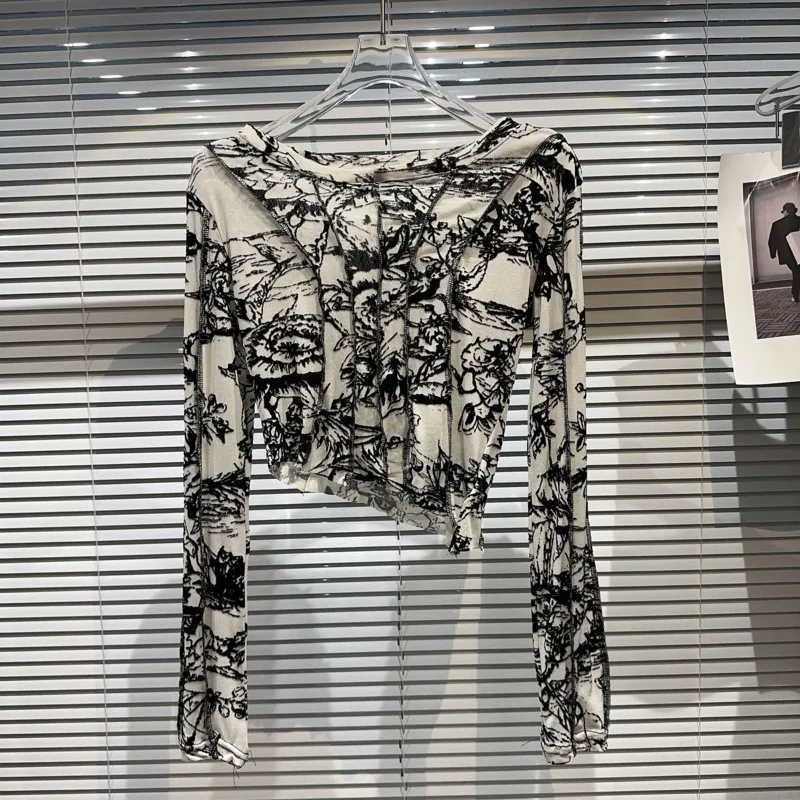 

PREPOMP 2023 Autumn New Arrival Long Sleeve Slash Neck Hand-painter Floral Print Slim T Shirt Women GL475