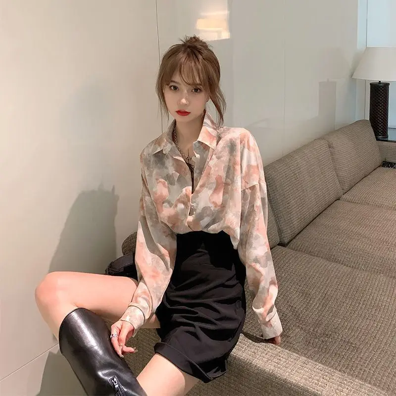 

Printed Lapel Shirt Spring And Autumn Casual Single Breasted Top