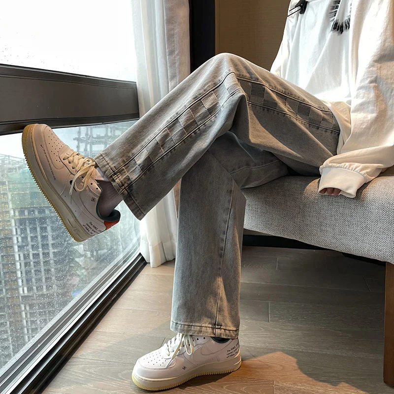 Privathinker Side Plaid Jeans For Men Loose Fashion Straight Denim Pants Harajuku Streetwear Hip Hop Casual Male Trousers