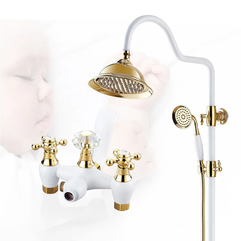 

Shower Faucets Brass White Golden Wall Mount Bathtub Faucet Set Rain Shower Head Handheld Round Luxury Tub Mixer Taps
