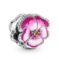 original pink pansy flower beads charm fit pandora women 925 sterling silver europe bracelet bangle diy jewelry