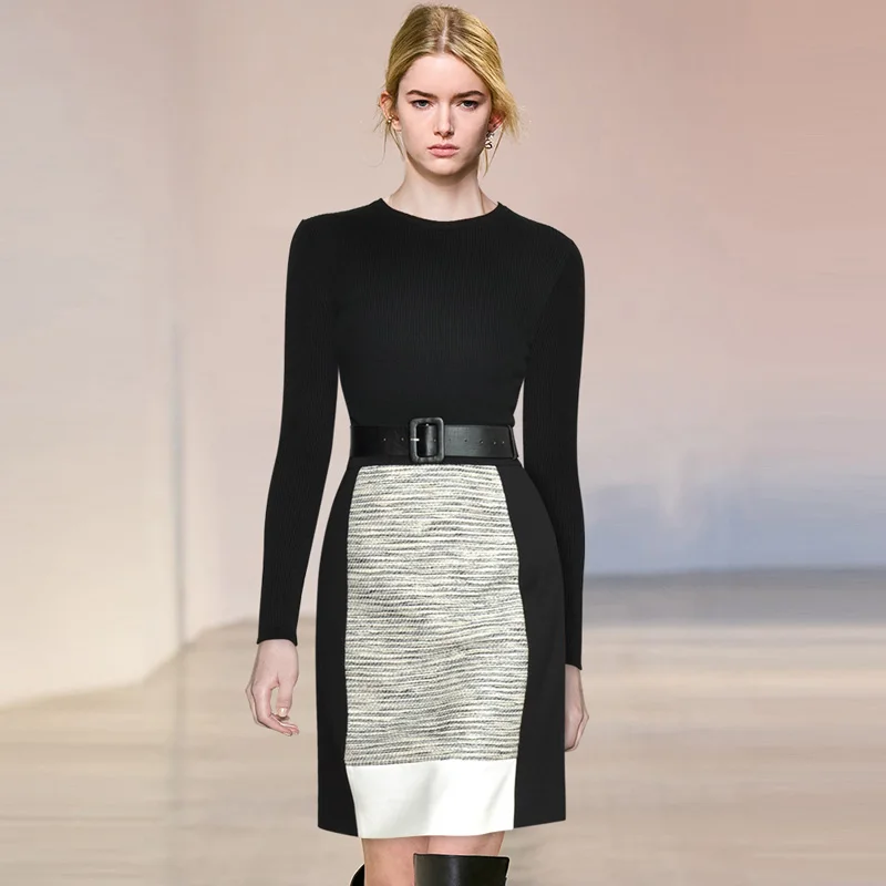 Janeyiren fashion runway Winter/Spring Dress Set Women black long sleeve sweater + A-line striped skirt 2 piece set