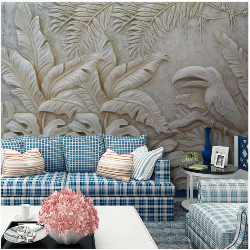 Кастомная 3D стереоскопическая серая рельефная тропическая обои с фотографией растительных листьев тукана. Модерн обои для домашнего декора.