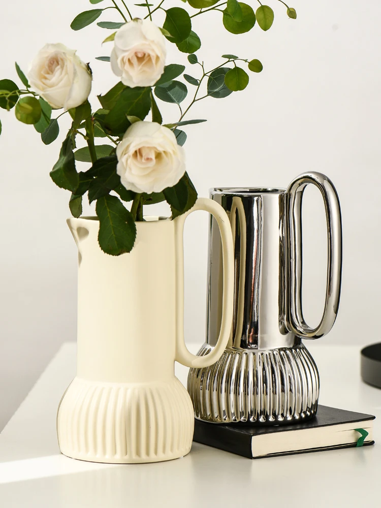 

European-style Ceramic Silver Vase Portable Kettle Flower Arrangement Hydroponic Living Room Table Flower Vase Home Decoration