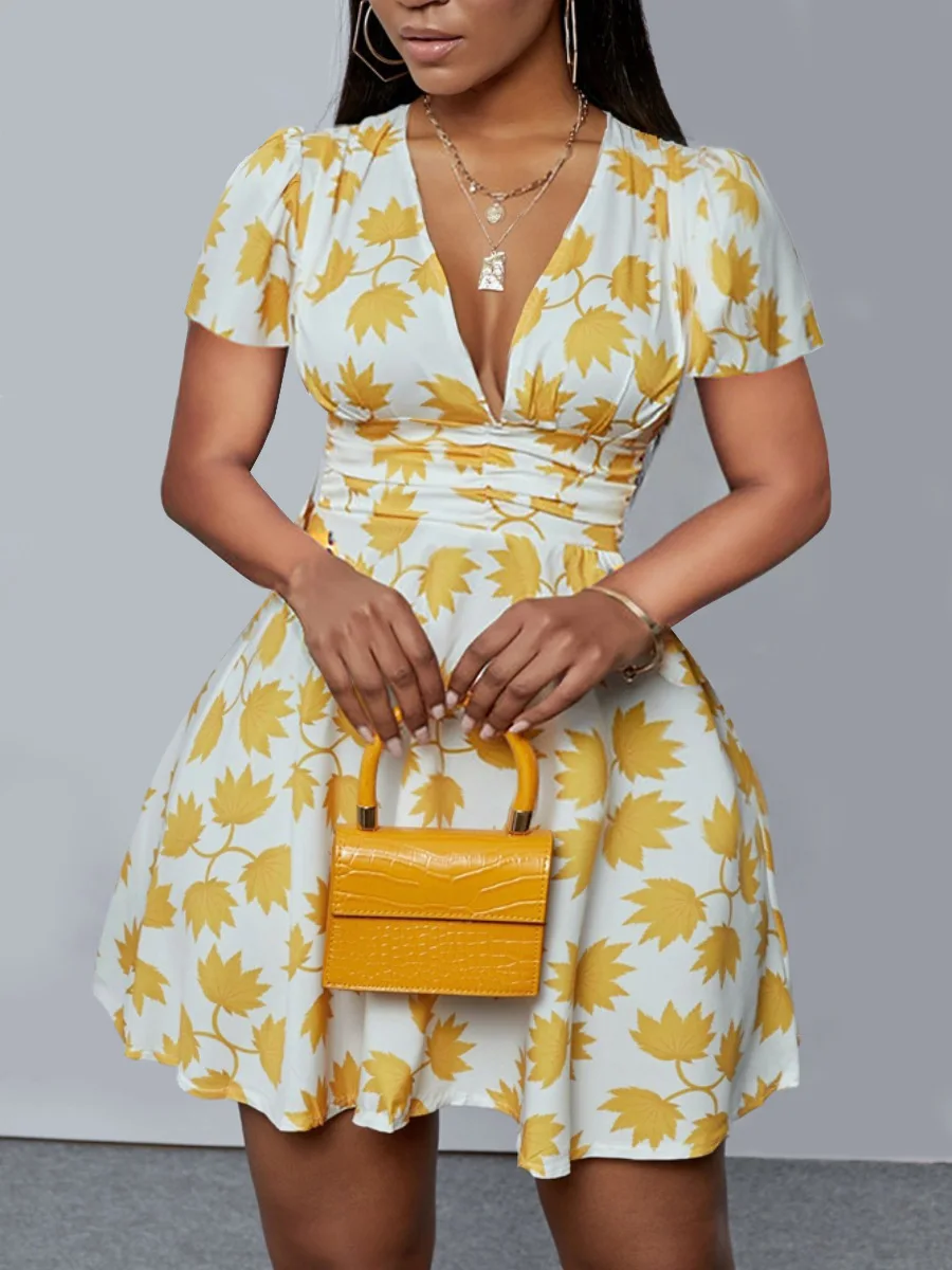 

2022 Summer Elegant Fashion Dress Sexy Deep V Neck Floral Print Mini A Line Cleavage Women Dresses Short Sleeve Party Vestidos