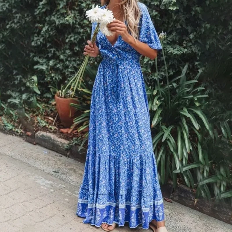 Купи Floral Print Boho Maxi Dress Women Short Sleeve V Neck High Waist Dress Tassel Tied Retro Beach Long Dresses Cottagecore Summer за 989 рублей в магазине AliExpress