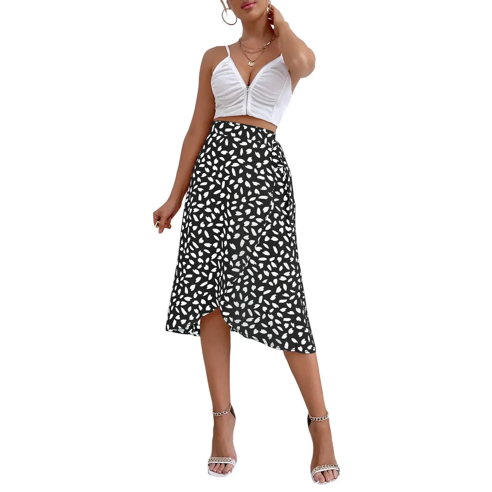 

2021 New Hot Sale Women Midi Dress Printed High Waist Ruffle Hem Irregular Loose Lace Up Skirt Women Over Knee Slit Beach Skirt