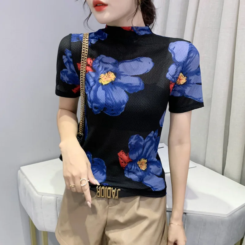 #5777 Floral Printed Mesh T Shirt Women Casual Vintage Sexy Long Sleeve Tight Thin Women's T-shirt Turtleneck Top Female Black