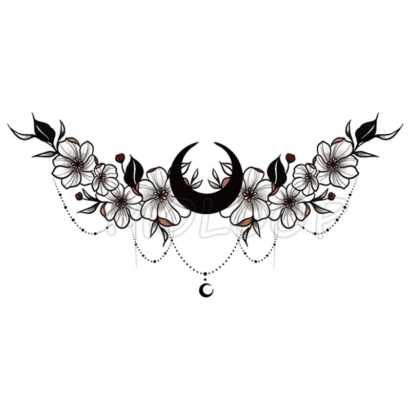 

Временные тату-наклейки с Луной и цветами, ожерелье на луну, сексуальная грудь, спина, искусственная татуировка, искусство для макияжа груди...