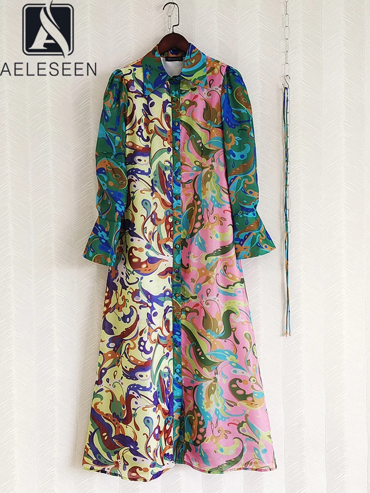 

AELESEEN дизайнерское модное осеннее платье для женщин с рукавами-фонариками и отложным однобортным поясом с цветочным принтом, свободное вечерние для отдыха