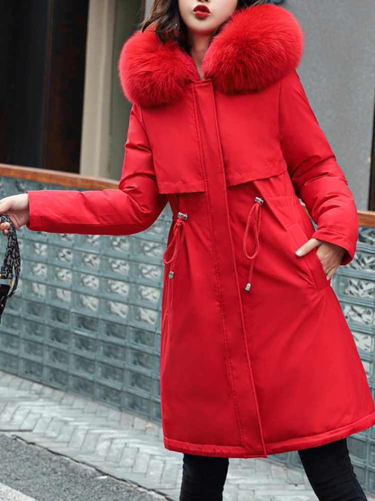 

Women's Coat Parkas Winter Thicken Insulation Mid Length Version Big Fur Collar with Hat Women's Jacket Oversize Cotton Clothing