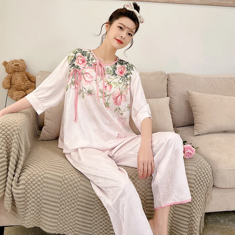 

Пижамные комплекты в китайском традиционном стиле, женская одежда для сна на весну и лето, комплект из двух предметов, пижама с круглым вырезом, одежда для сна, женская одежда для сна