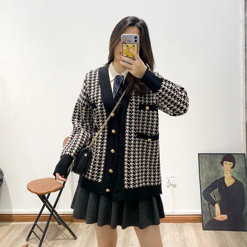 

houndstooth Plaid Knit Fashion Lazy Oaf Women Cardigan Full Sleeves Button Spring Loose Casual Lady Thic Sweater Clothes