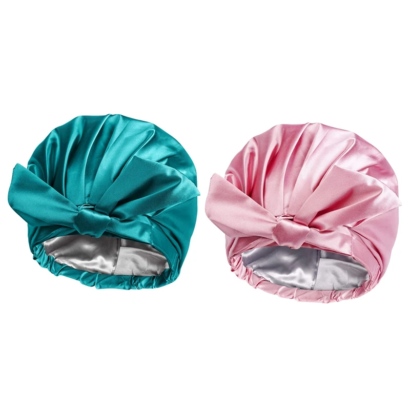 

Shower Cap Bowknot Double Layer Reusable Bath Hair Caps Adjustable Bath Hair Cap