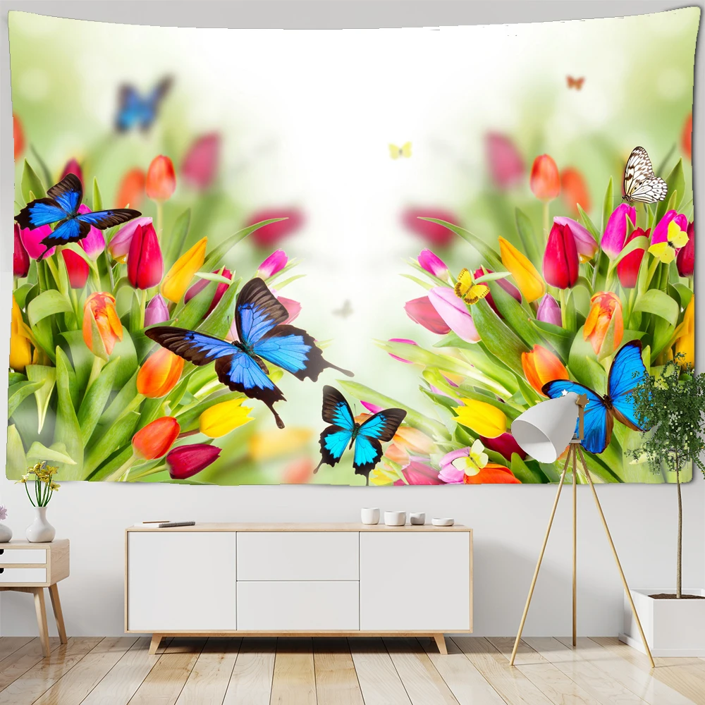 

Flowers Butterfly Tulips Printed Tapestry Wall Hanging Hippie Mandala Bohemian Art Wall Cloth Home Decor Beach Towel Yoga Mat