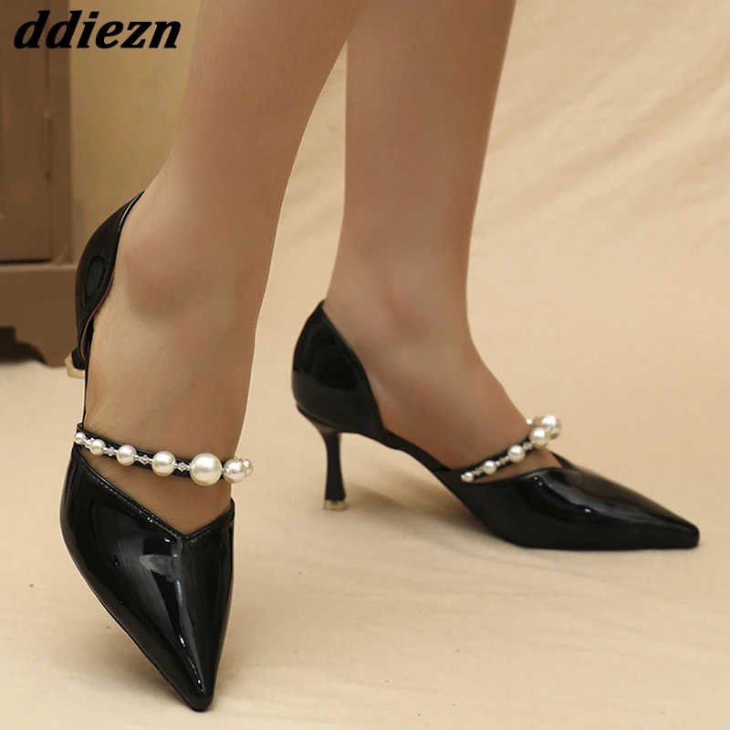 

2023 Fashion Shallow Sexy Ladies Footwear Pumps Shoes Slip On String Bead Rhinestones Women High Heels Sandals Female Sandals