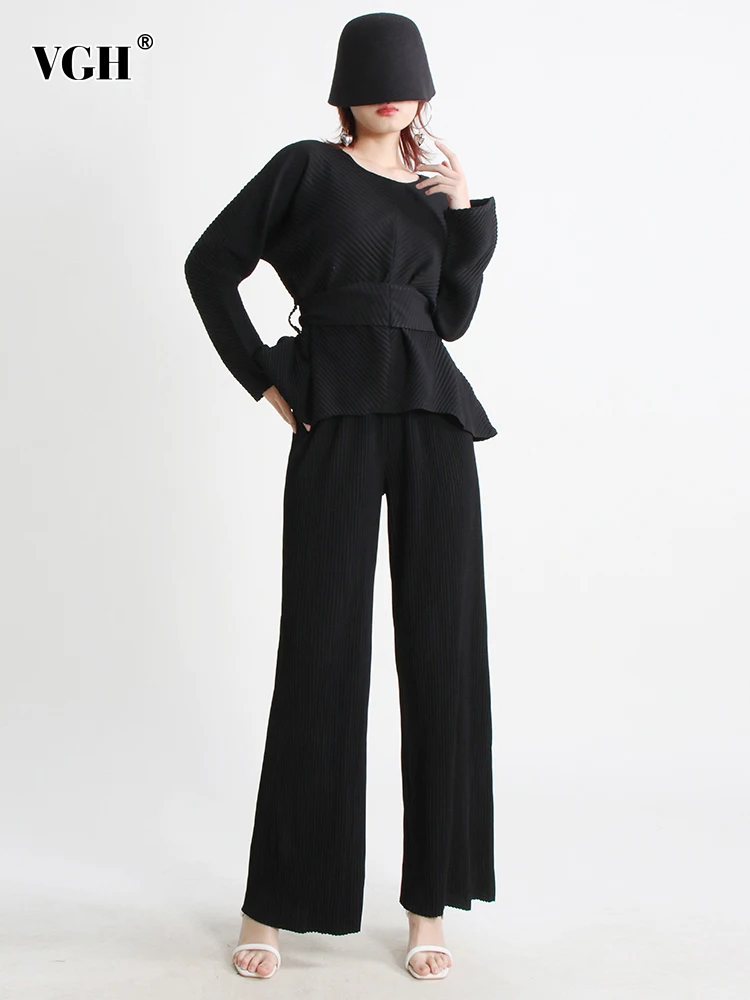

VGH Solid Two Piece Sets For Women Round Neck Long Sleeve Tunic Patchwork Belt Tops High Waist Wide Leg Pants Casual Set Female