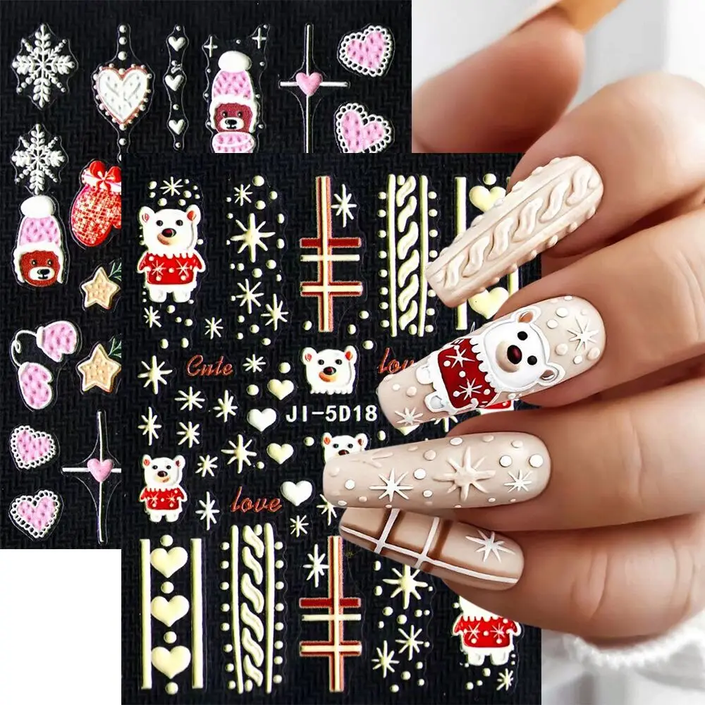 

5D Christmas Embossed Nail Stickers White Snowflakes Sliders Winter New Year for Manicure Cartoon Bear Gloves Design Nail Decals