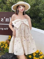 womens vintage floral embroidered bow short suspenders dress 2022 summer new sweet loose all matching dress for ladies